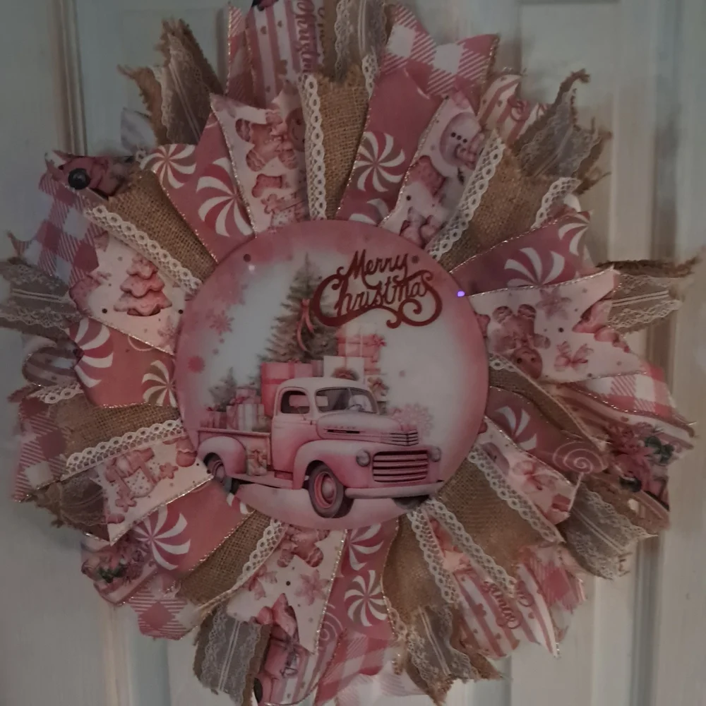 Pink and Brown Merry Christmas Wreath New And HOMEMADE